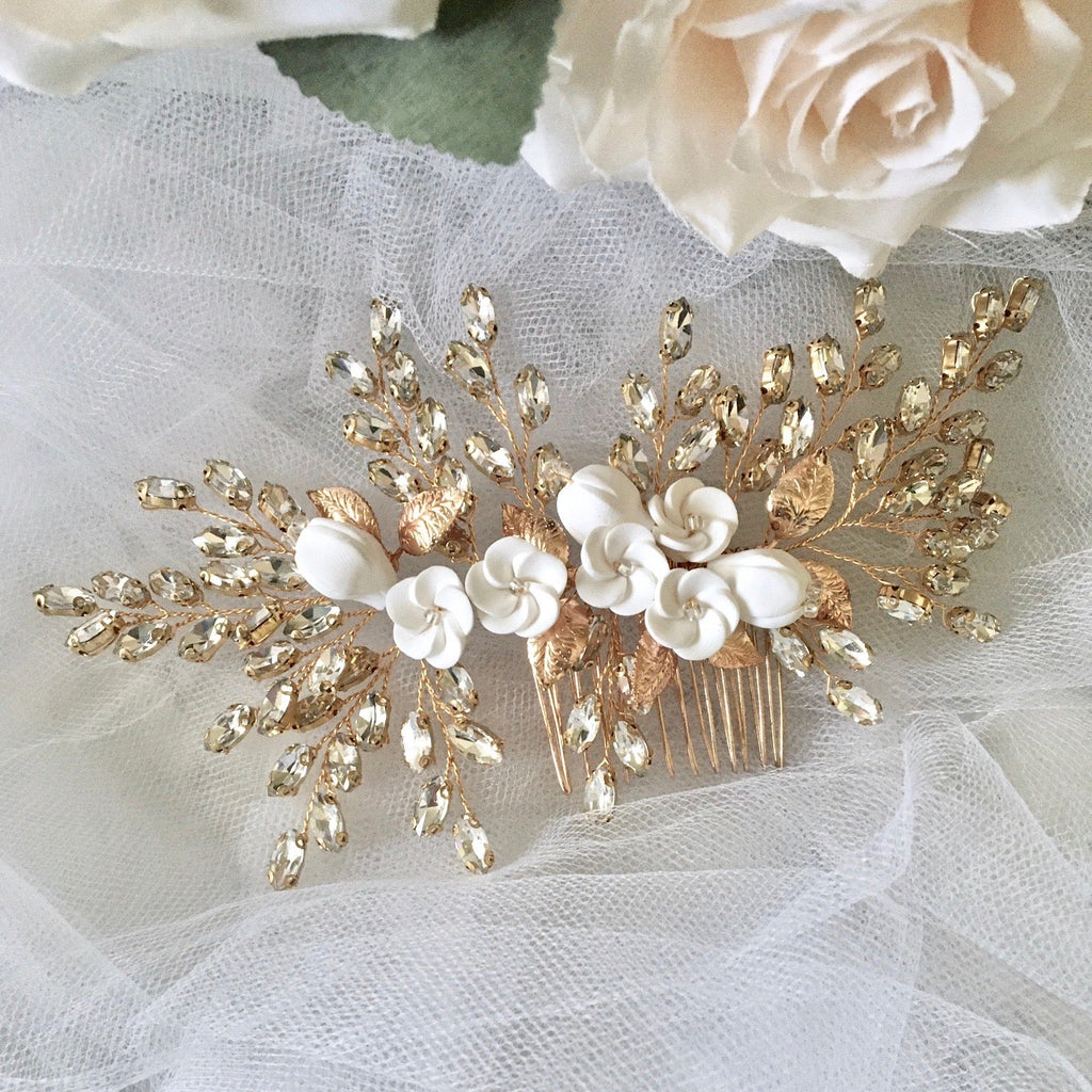 Wedding Hair Accessories - Ceramic Flowers Bridal Hair Comb - Available in Silver, Rose Gold and Yellow Gold