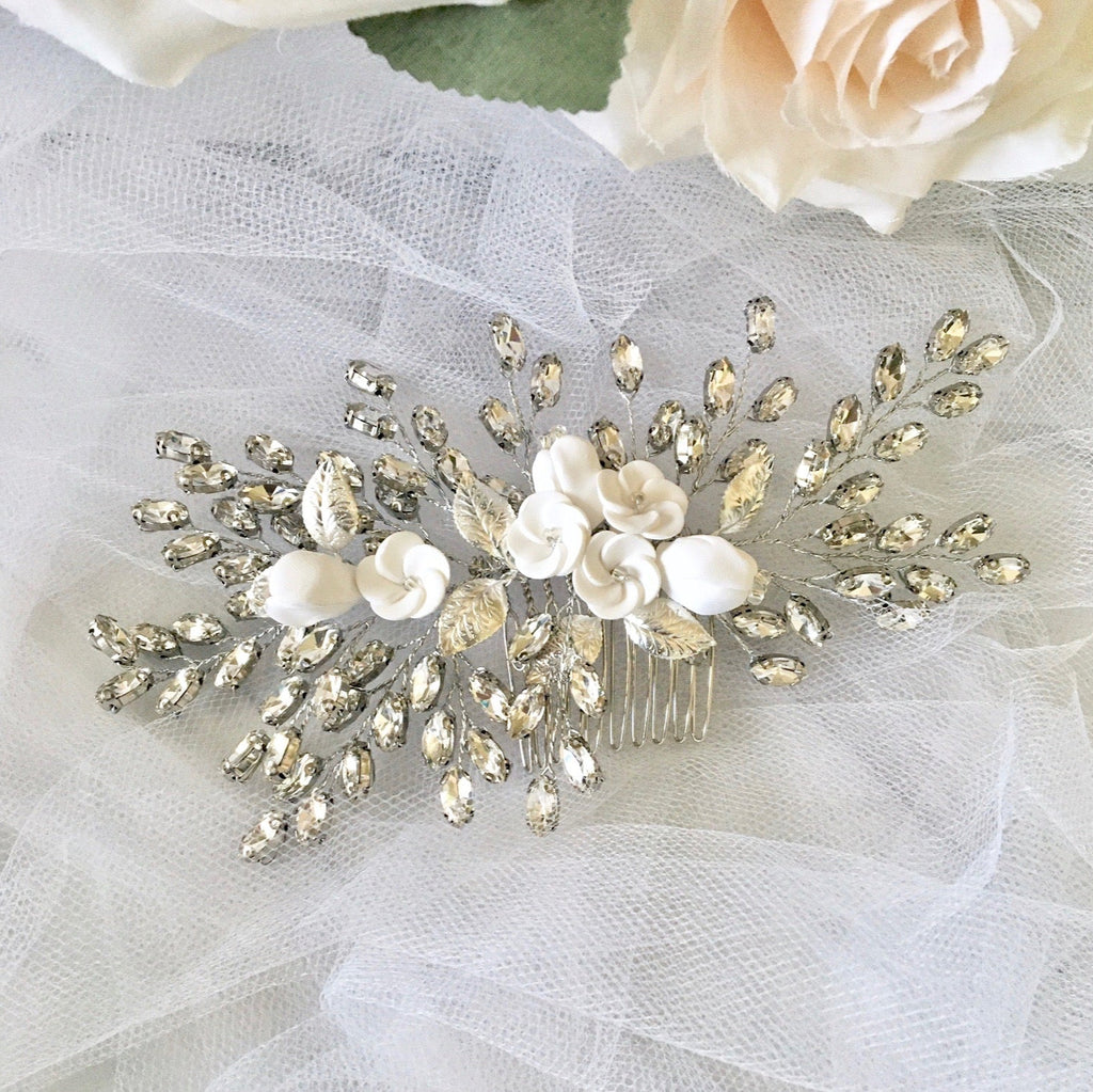 Wedding Hair Accessories - Ceramic Flowers Bridal Hair Comb - Available in Silver, Rose Gold and Yellow Gold