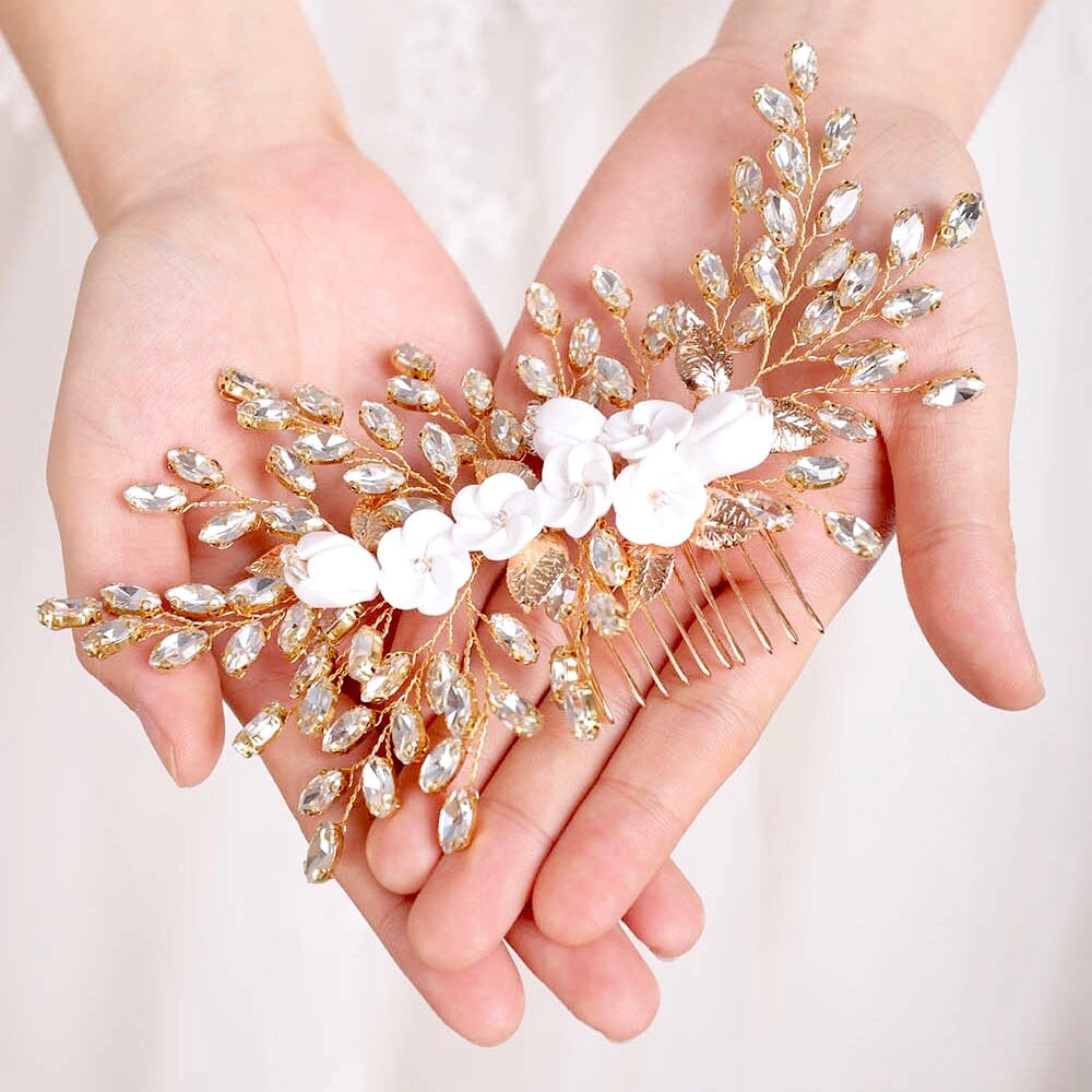 Wedding Hair Accessories - Ceramic Flowers Bridal Hair Comb - Available in Silver, Rose Gold and Yellow Gold