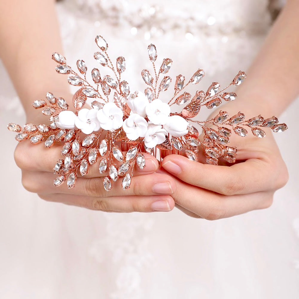 Wedding Hair Accessories - Ceramic Flowers Bridal Hair Comb - Available in Silver, Rose Gold and Yellow Gold