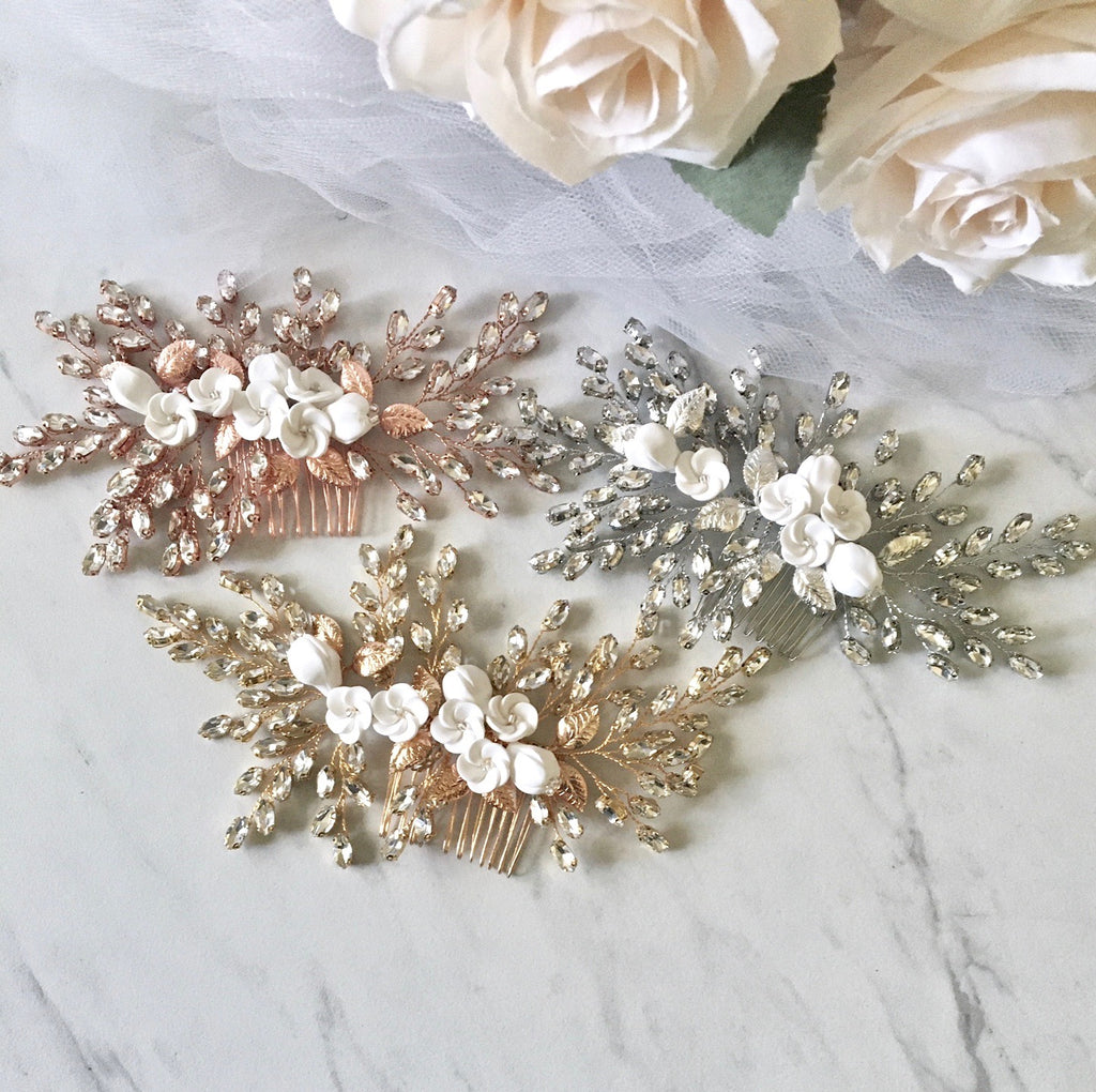 Wedding Hair Accessories - Ceramic Flowers Bridal Hair Comb - Available in Silver, Rose Gold and Yellow Gold