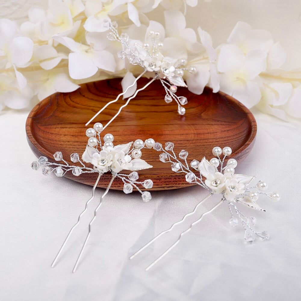 Wedding Hair Accessories - Ceramic Flowers and Pearls Bridal Hair Pin