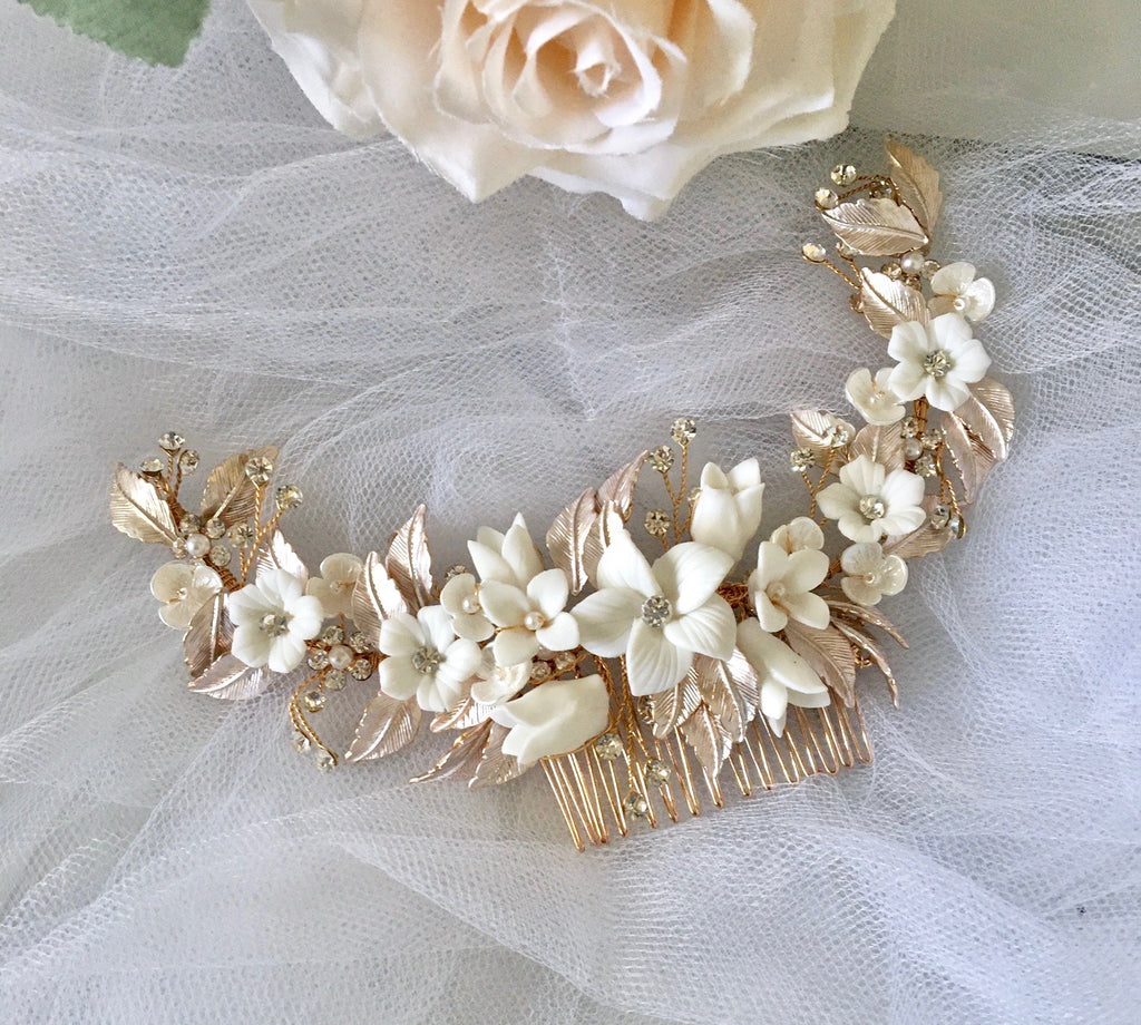 Wedding Hair Accessories - Ceramic Flowers Silver Bridal Hair Comb / Vine - Available in Rose Gold, Silver and Yellow Gold
