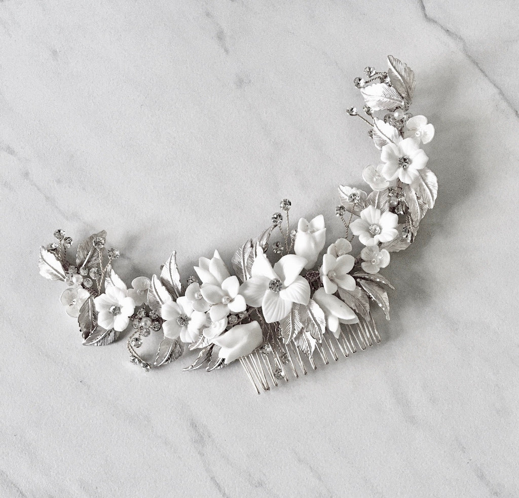 Wedding Hair Accessories - Ceramic Flowers Silver Bridal Hair Comb / Vine - Available in Rose Gold, Silver and Yellow Gold