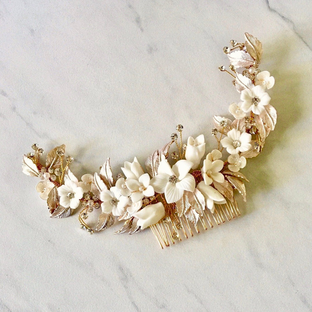 Wedding Hair Accessories - Ceramic Flowers Silver Bridal Hair Comb / Vine - Available in Rose Gold, Silver and Yellow Gold