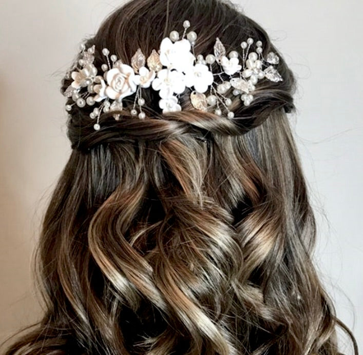 Wedding Hair Accessories - Pearl and Ceramic Flowers Bridal Hair Vine