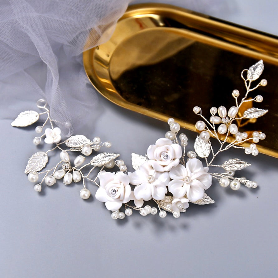 Wedding Hair Accessories - Pearl and Ceramic Flowers Bridal Hair Vine