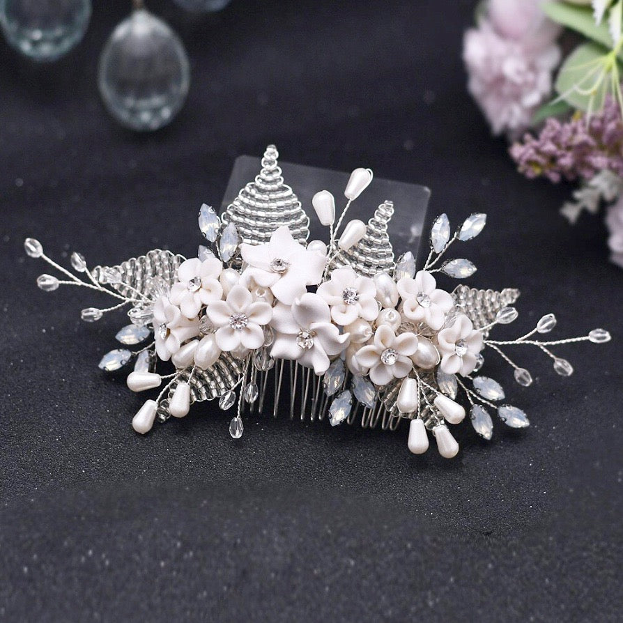 Wedding Hair Accessories - Ceramic Flowers Silver Bridal Hair Comb