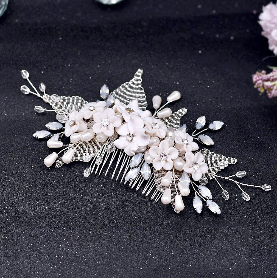 Wedding Hair Accessories - Ceramic Flowers Silver Bridal Hair Comb