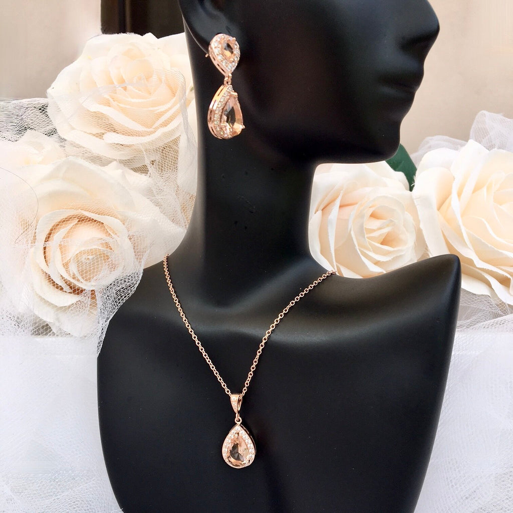 Wedding Jewelry - Champagne CZ Bridal Jewelry Set - Available in Rose Gold, Silver, and Yellow Gold