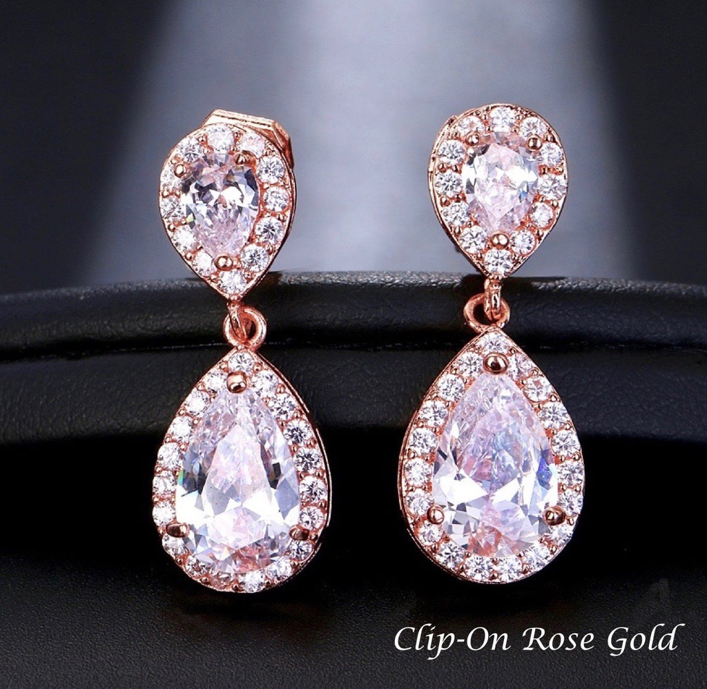 Wedding Jewelry - Cubic Zirconia Bridal Earrings - Available in Silver, Rose Gold and Yellow Gold