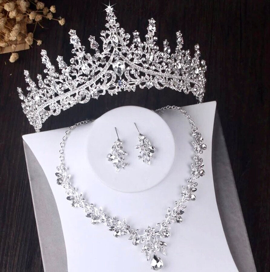 Wedding Jewelry and Accessories - Silver Cubic Zirconia 3-Piece Bridal Jewelry Set With Tiara