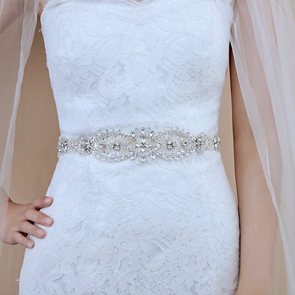 Bridal Rhinestone Belts For Dresses Darcy Silver Pearl Crystal