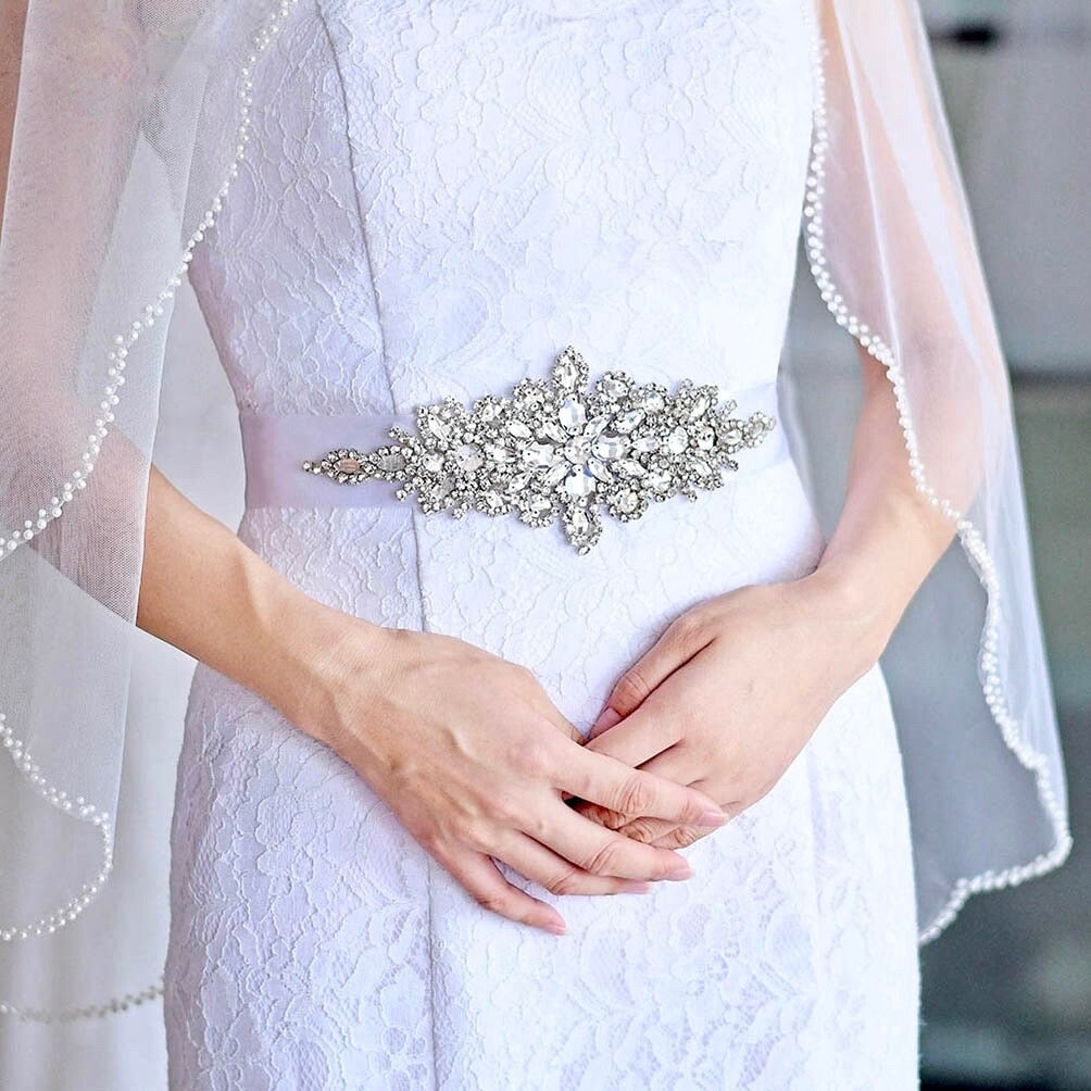 Wedding Accessories Silver Crystal Bridal Belt Sash Ivory Ribbon