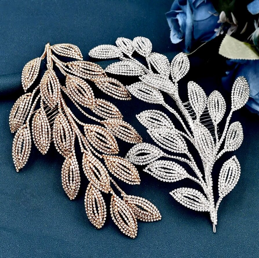 Wedding Hair Accessories - Crystal Leaf Bridal Headdress - Available in Silver and Gold