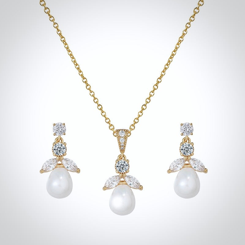 Pearl Wedding Jewelry - Pearl and Cubic Zirconia Jewelry Set - Available in Gold and Silver