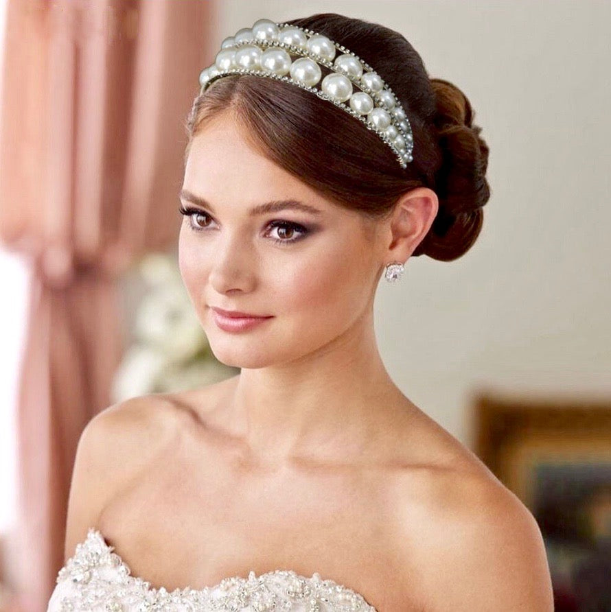Wedding Hair Accessories - Oversized Double Pearl Bridal Headband / Tiara - Available in Silver and Gold Gold