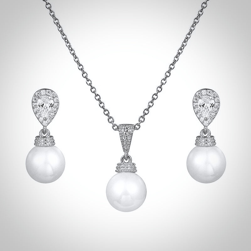 Pearl Wedding Jewelry - Pearl and Cubic Zirconia Jewelry Set - Available in Gold and Silver