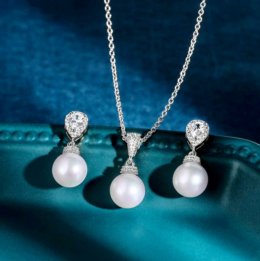 Pearl Wedding Jewelry - Pearl and Cubic Zirconia Jewelry Set - Available in Gold and Silver