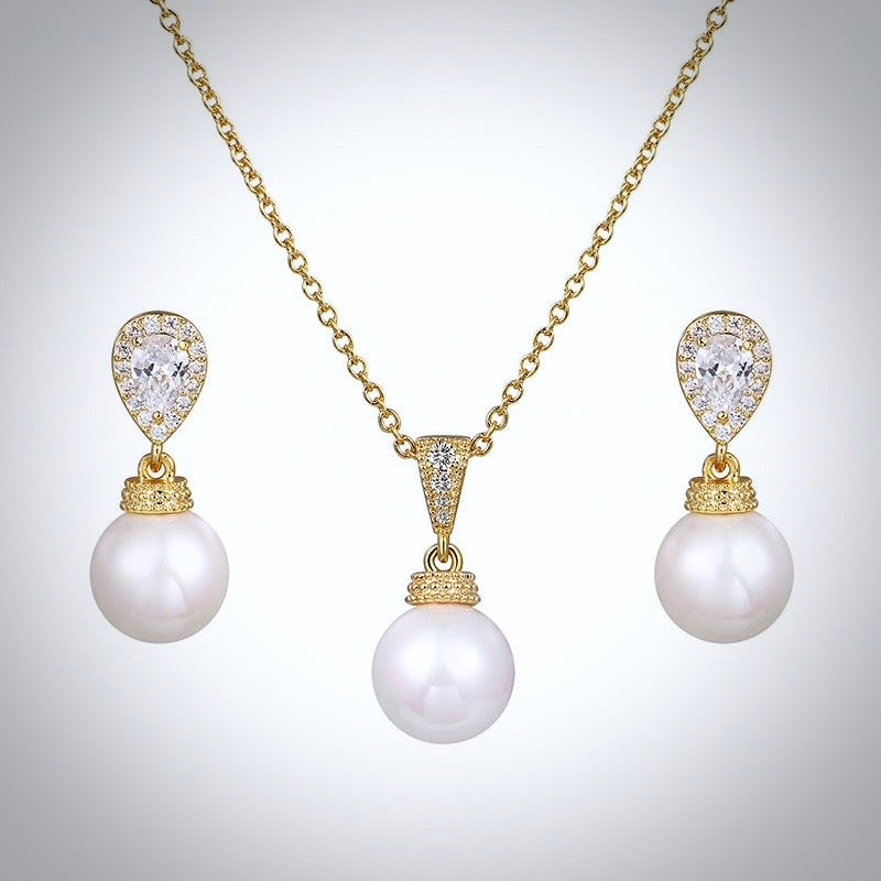 Pearl Wedding Jewelry - Pearl and Cubic Zirconia Jewelry Set - Available in Gold and Silver