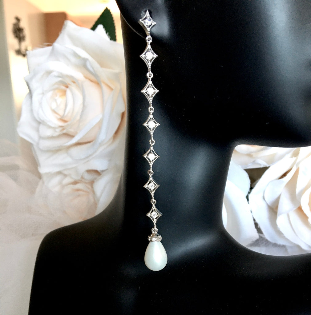 Wedding Jewelry - Pearl and Cubic Zirconia Long Bridal Earrings
