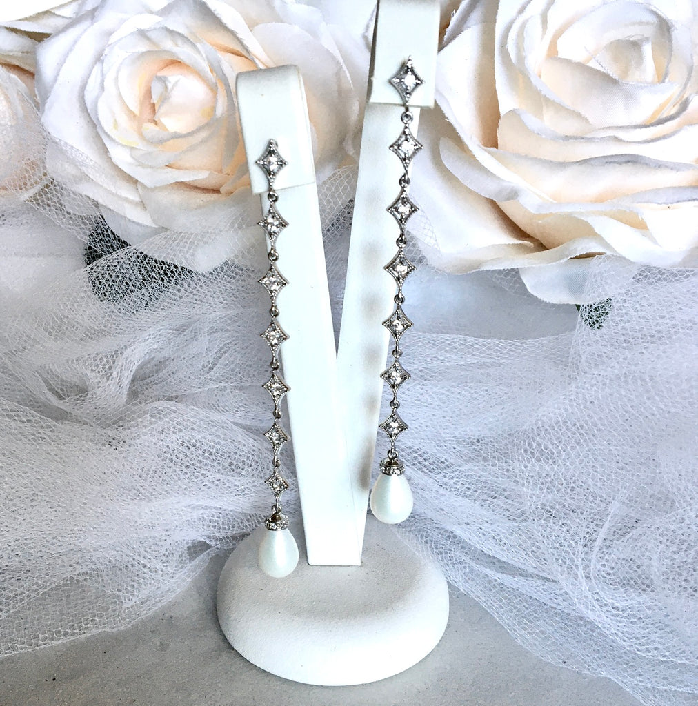 Wedding Jewelry - Pearl and Cubic Zirconia Long Bridal Earrings