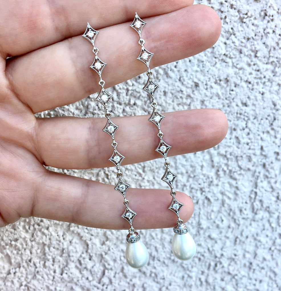 Wedding Jewelry - Pearl and Cubic Zirconia Long Bridal Earrings