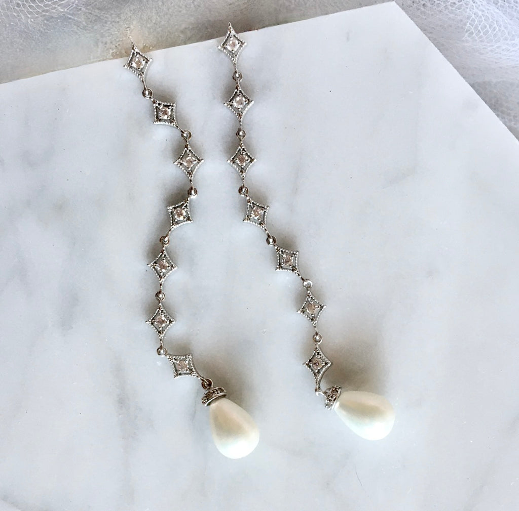 Wedding Jewelry - Pearl and Cubic Zirconia Long Bridal Earrings