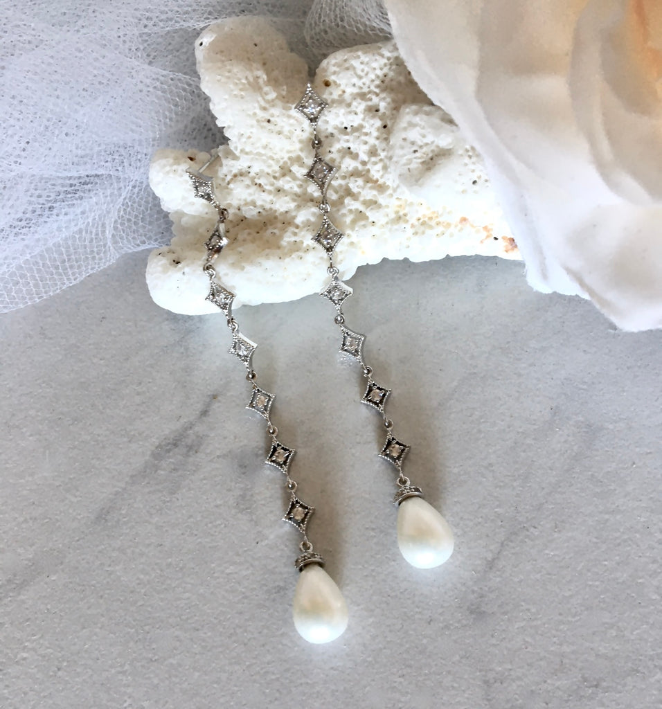 Wedding Jewelry - Pearl and Cubic Zirconia Long Bridal Earrings
