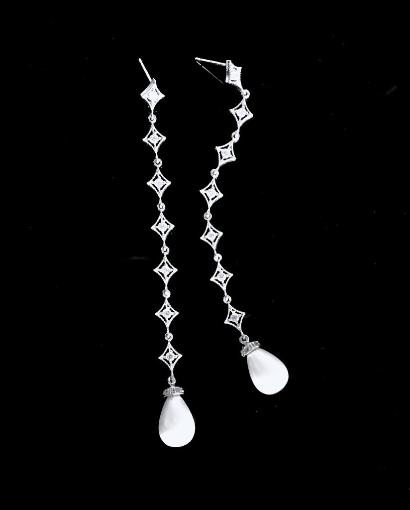 Wedding Jewelry - Pearl and Cubic Zirconia Long Bridal Earrings