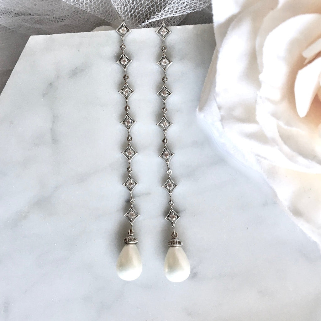 Wedding Jewelry - Pearl and Cubic Zirconia Long Bridal Earrings