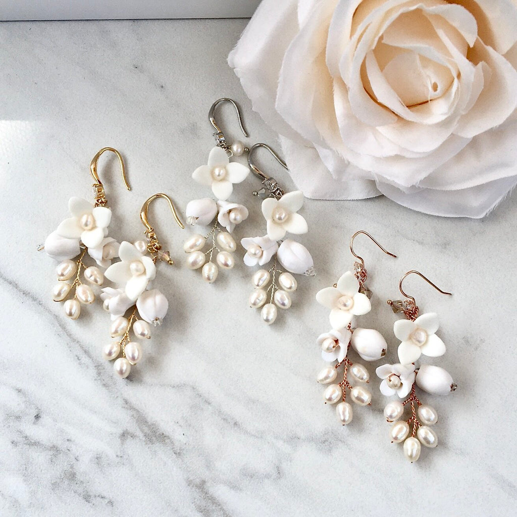 Wedding Hair Accessories - Ceramic Flowers Bridal Earrings - Available in Yellow Gold, Silver and Rose Gold