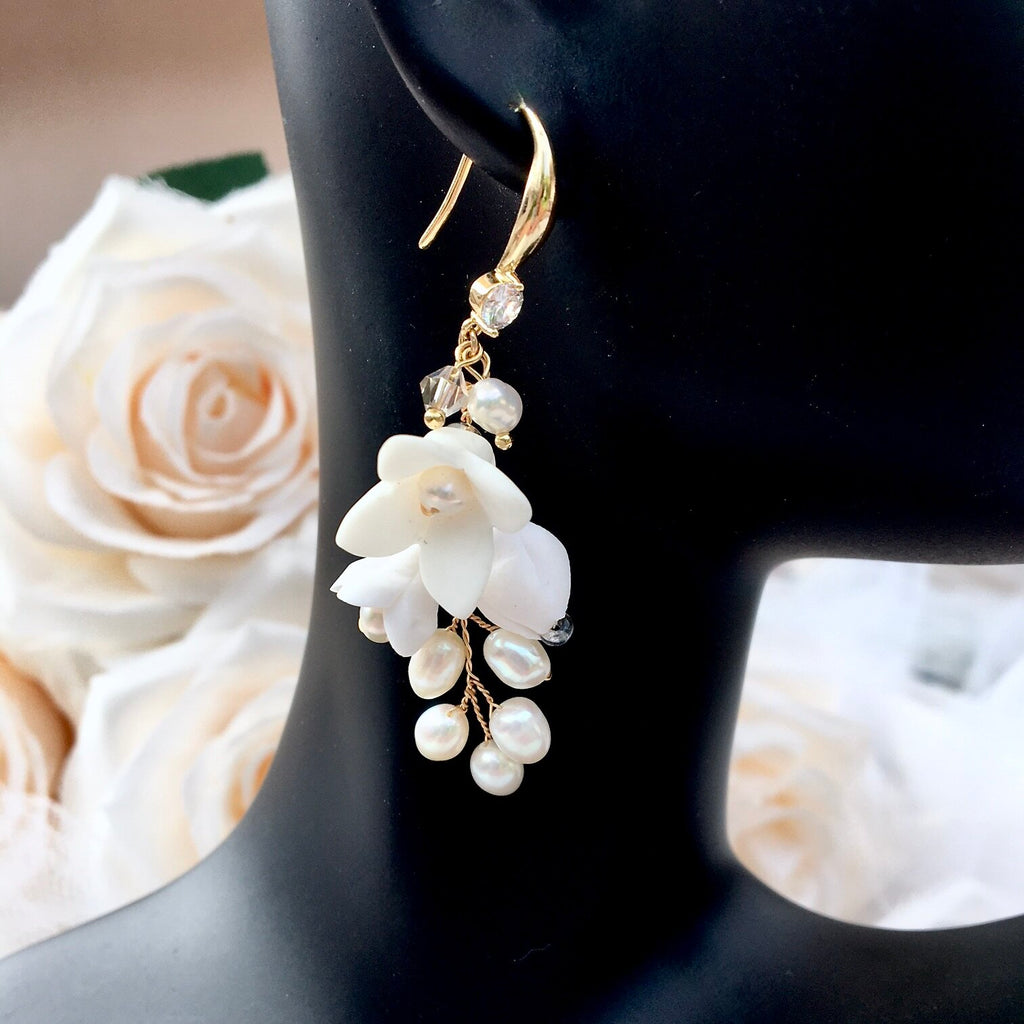 Wedding Hair Accessories - Ceramic Flowers Bridal Earrings - Available in Yellow Gold, Silver and Rose Gold