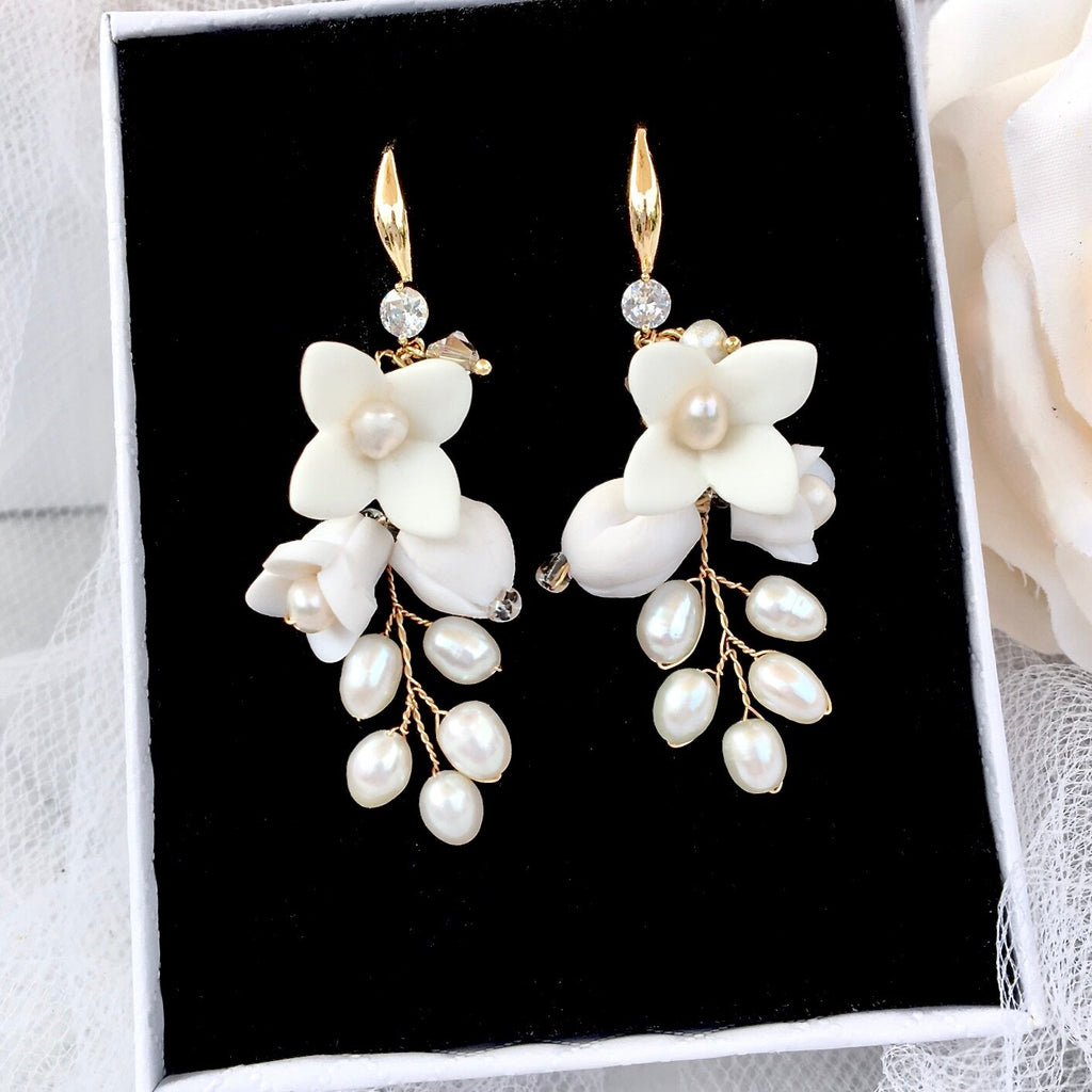 Wedding Hair Accessories - Ceramic Flowers Bridal Earrings - Available in Yellow Gold, Silver and Rose Gold