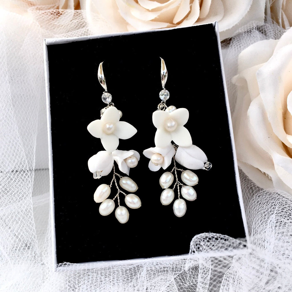 Wedding Hair Accessories - Ceramic Flowers Bridal Earrings - Available in Yellow Gold, Silver and Rose Gold