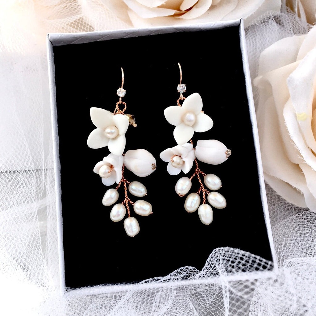 Wedding Hair Accessories - Ceramic Flowers Bridal Earrings - Available in Yellow Gold, Silver and Rose Gold