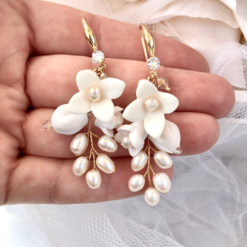 Wedding Hair Accessories - Ceramic Flowers Bridal Earrings - Available in Yellow Gold, Silver and Rose Gold