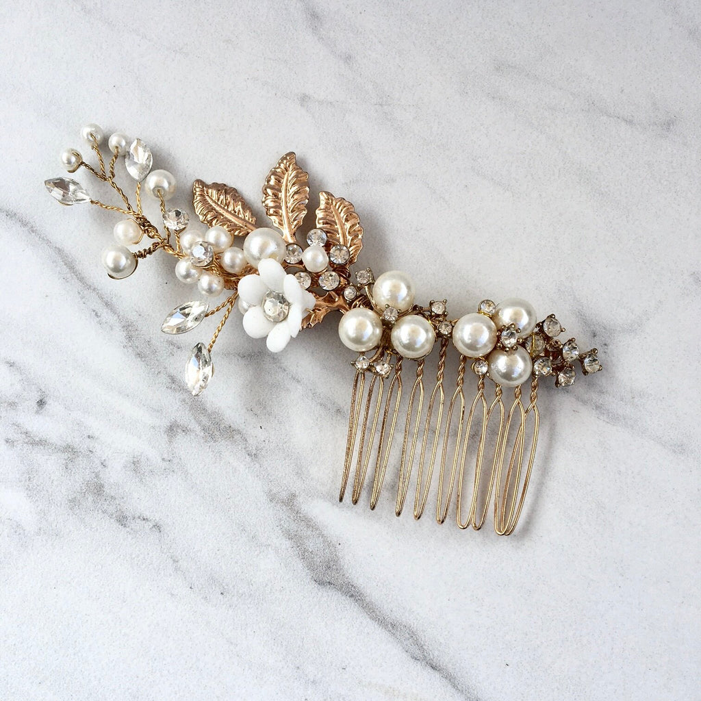 Wedding Hair Accessories - Ceramic Flowers Bridal Hair Comb and Earrings Set - Gold