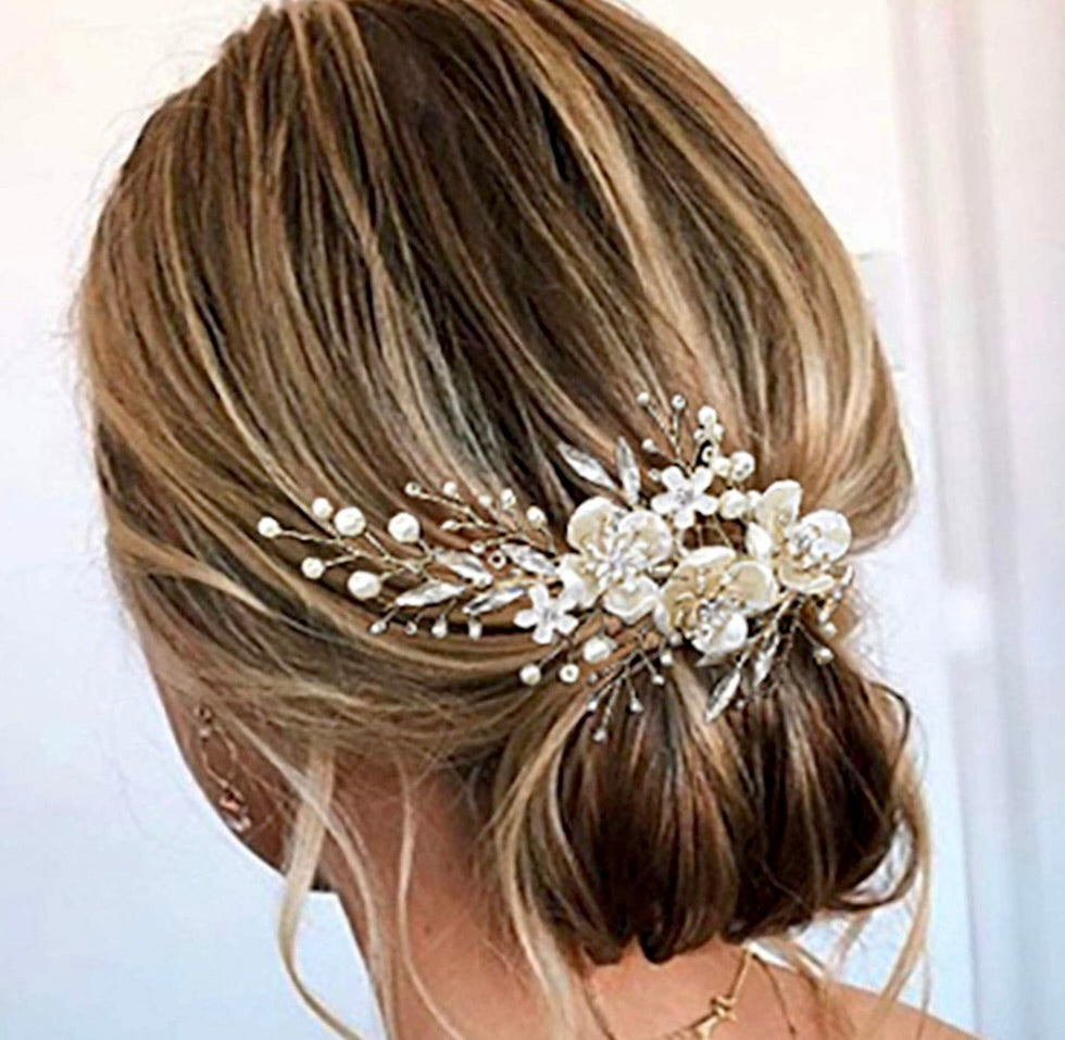 Wedding Hair Accessories - Gold Pearl and Crystal Bridal Hair Clip