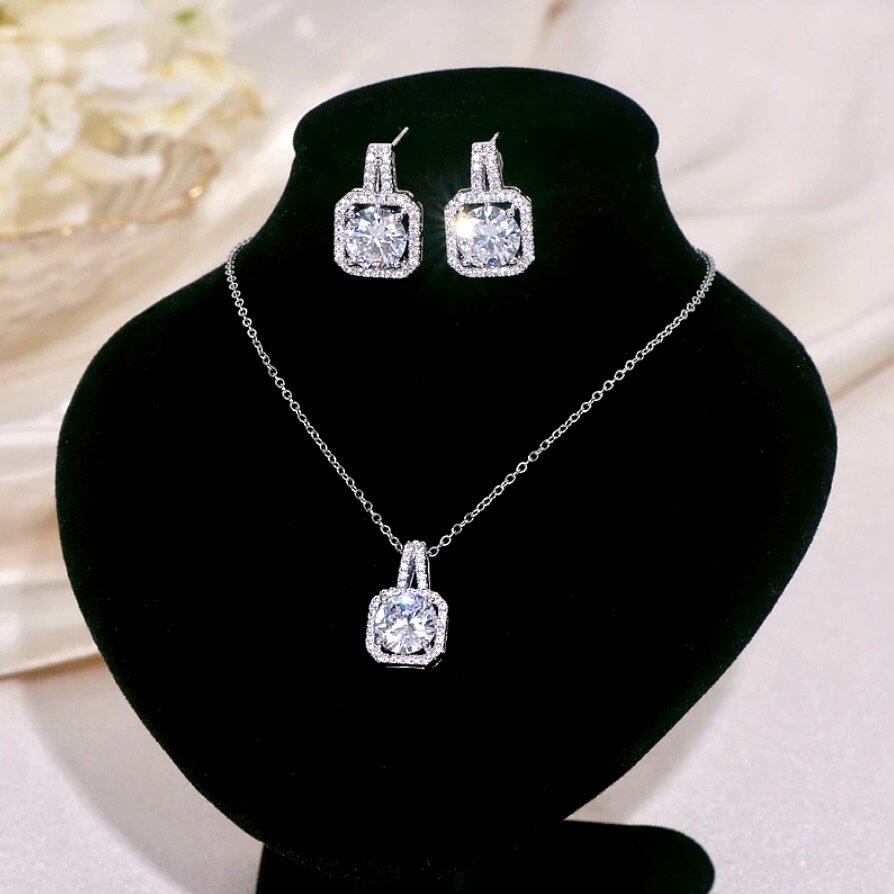 Wedding Jewelry - Cubic Zirconia Bridal Necklace and Earrings Set