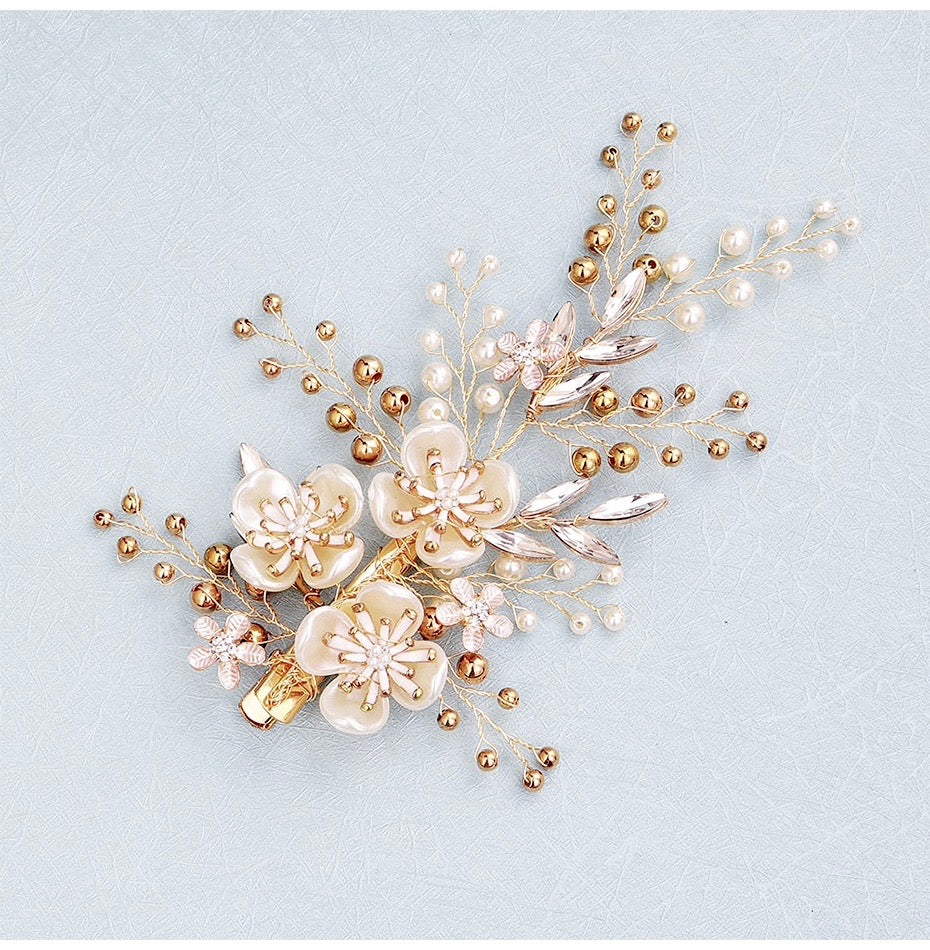 Wedding Hair Accessories - Gold Pearl and Crystal Bridal Hair Clip