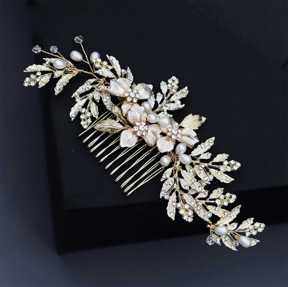 Wedding Hair Accessories - Gold Pearl and Crystal Bridal Hair Comb