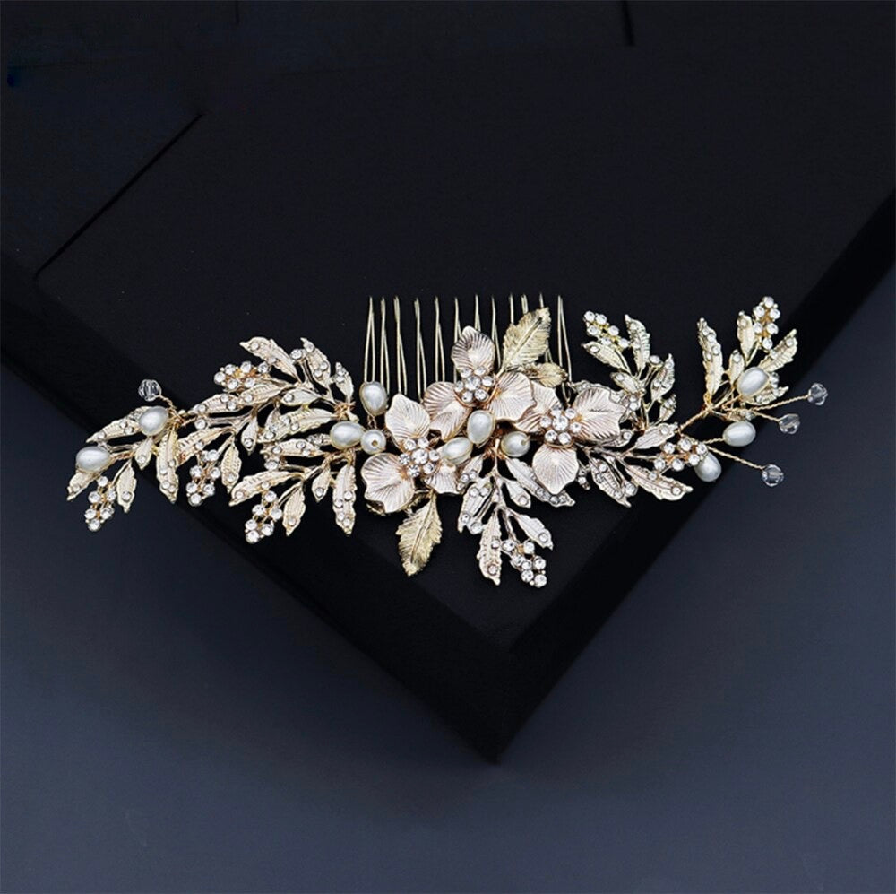 Wedding Hair Accessories - Gold Pearl and Crystal Bridal Hair Comb