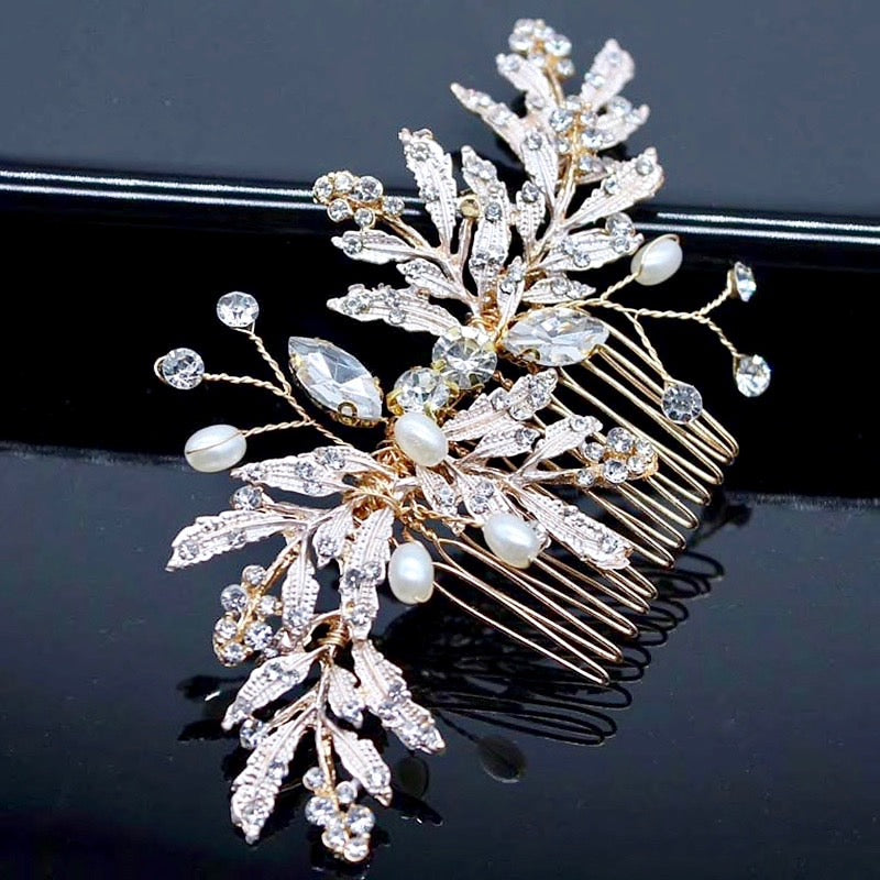Wedding Hair Accessories - Gold Pearl and Crystal Bridal Hair Comb
