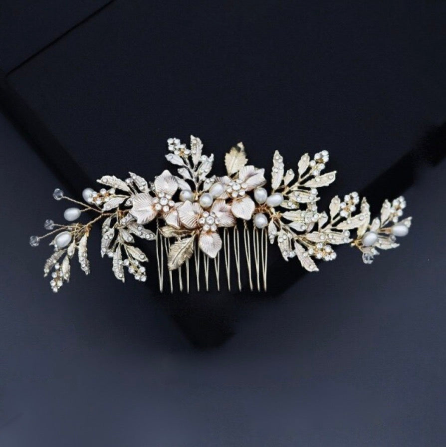 Wedding Hair Accessories - Gold Pearl and Crystal Bridal Hair Comb