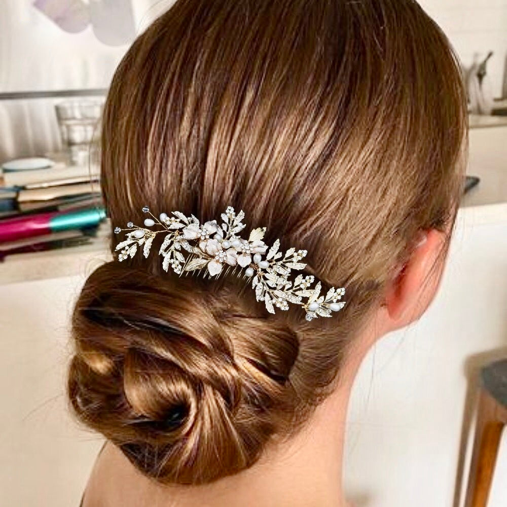 Wedding Hair Accessories - Gold Pearl and Crystal Bridal Hair Comb