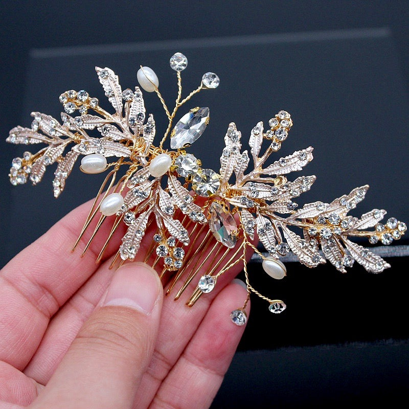 Wedding Hair Accessories - Gold Pearl and Crystal Bridal Hair Comb