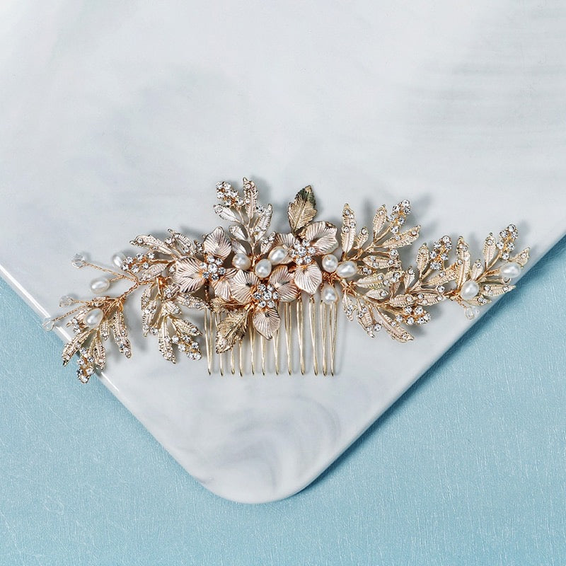 Wedding Hair Accessories - Gold Pearl and Crystal Bridal Hair Comb