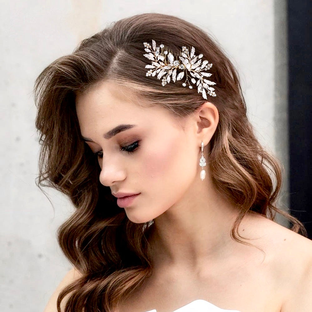 Wedding Hair Accessories - Gold Pearl and Crystal Bridal Hair Comb