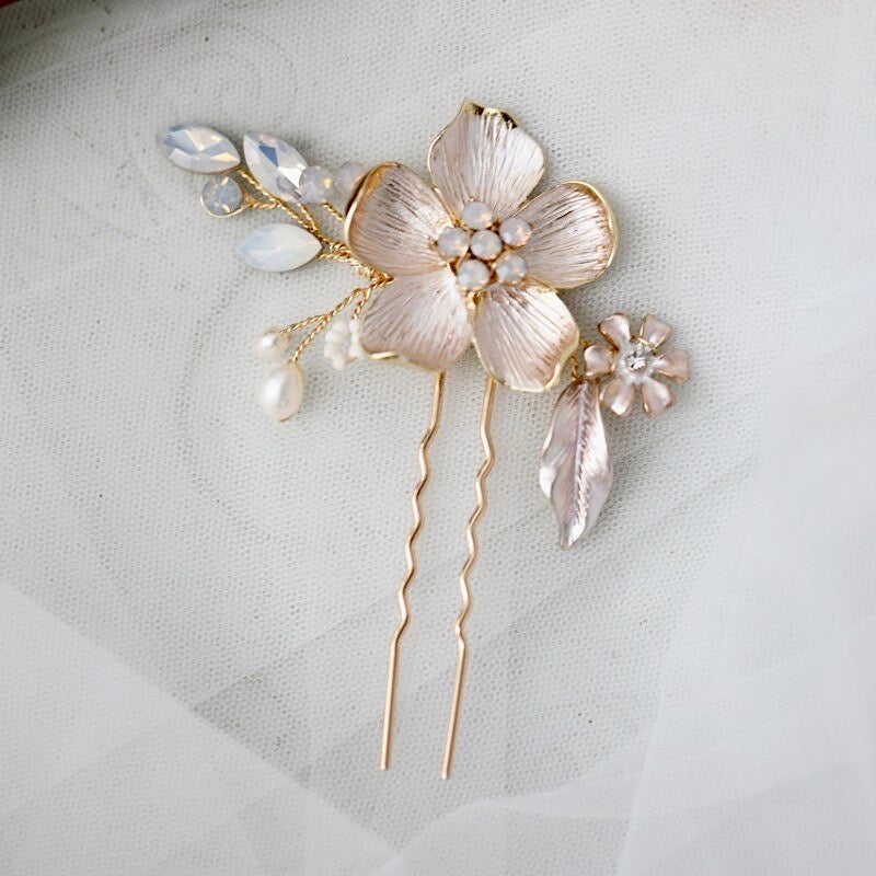 Wedding Hair Accessories -  Gold Opal Bridal Hair Pin Set